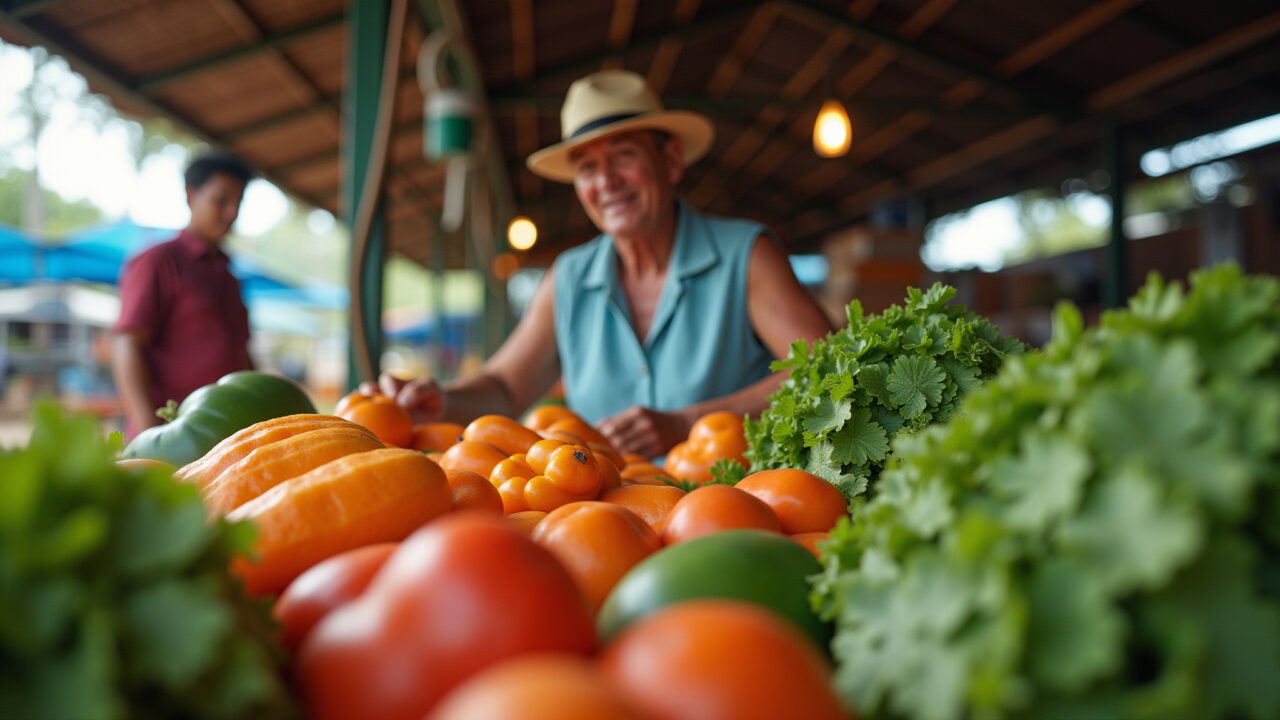 Brazilian farmer selling fresh papaya leaves at local market, vibrant colors, natural light, 8K, Feirante vendendo folhas de mamão verde frescas.