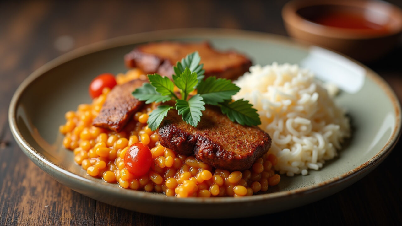 Brazilian feijão tropeiro and rice served with pork, professional photography, 8K, sharp focus, Feijão tropeiro e arroz servidos com carne de porco.