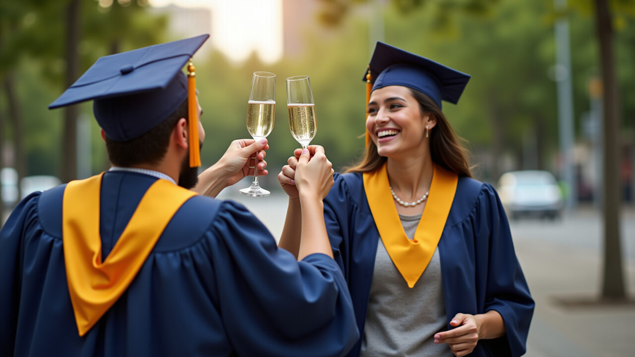 Brazilian friend celebrating another friend's graduation, toasting with champagne. Success, joy, Amigos celebrando conquista de formatura.