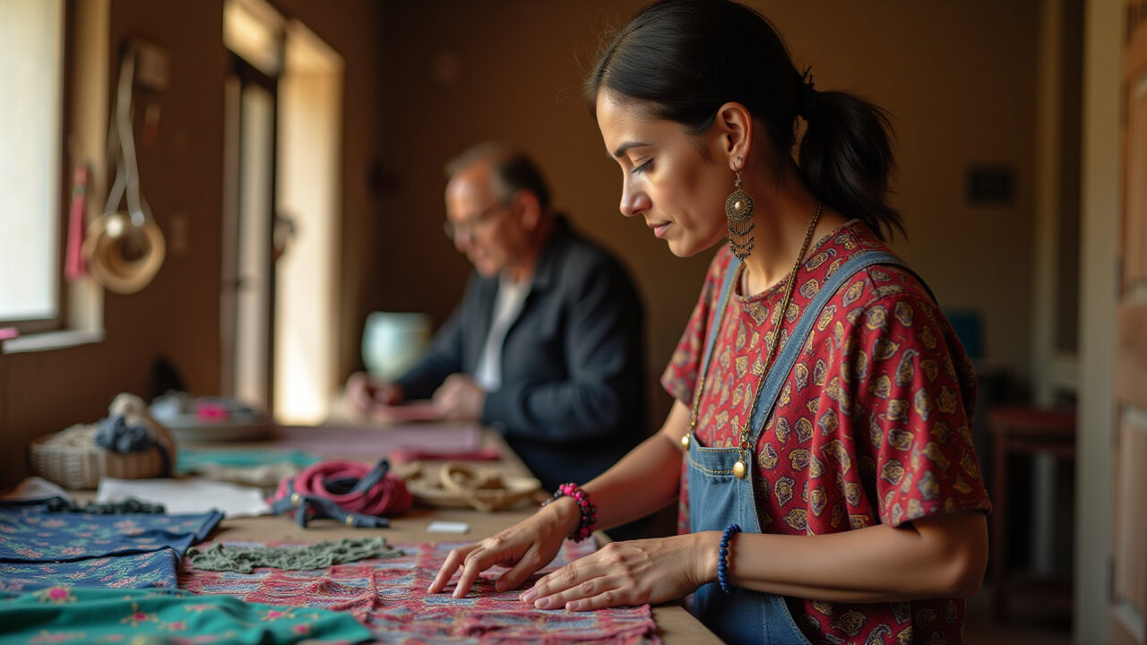 Artesã indígena produzindo peça de roupa artesanal.