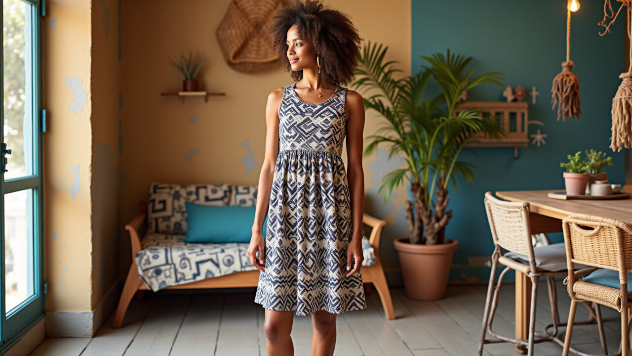 Vestido com grafismo indígena em ateliê de moda.