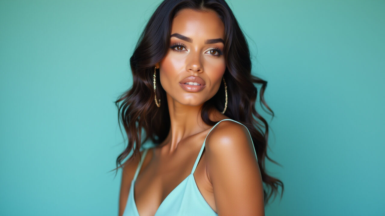 Pele iluminada e sombra champagne para vestido azul Tiffany.