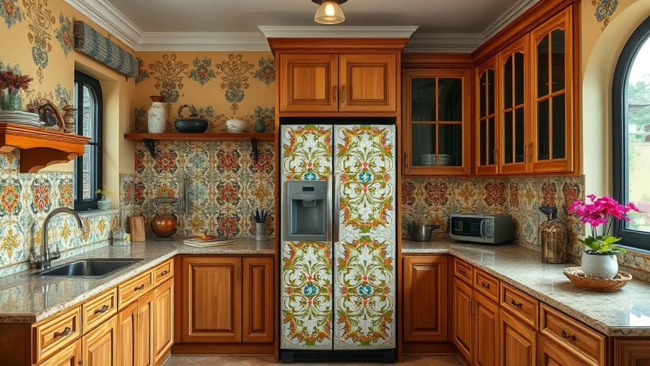 Brazilian kitchen featuring a refrigerator camouflaged with decorative panels showcasing a vibrant Cozinha brasileira com geladeira camuflada por painel decorativo com estampa de azulejo.