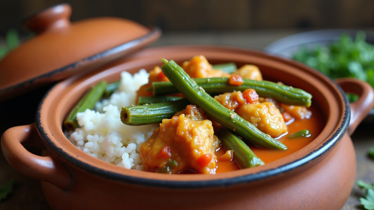 Brazilian okra with chicken stew, rustic pot, white rice, vibrant colors, natural light, 8K Quiabo com frango.