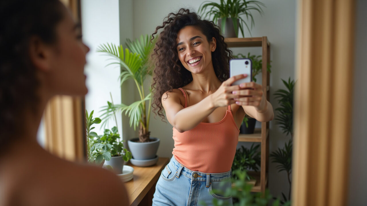 Brazilian woman, 20s, smiling confidently in a mirror selfie, stylish outfit, natural light, Mulher sorrindo em selfie no espelho, look estiloso.