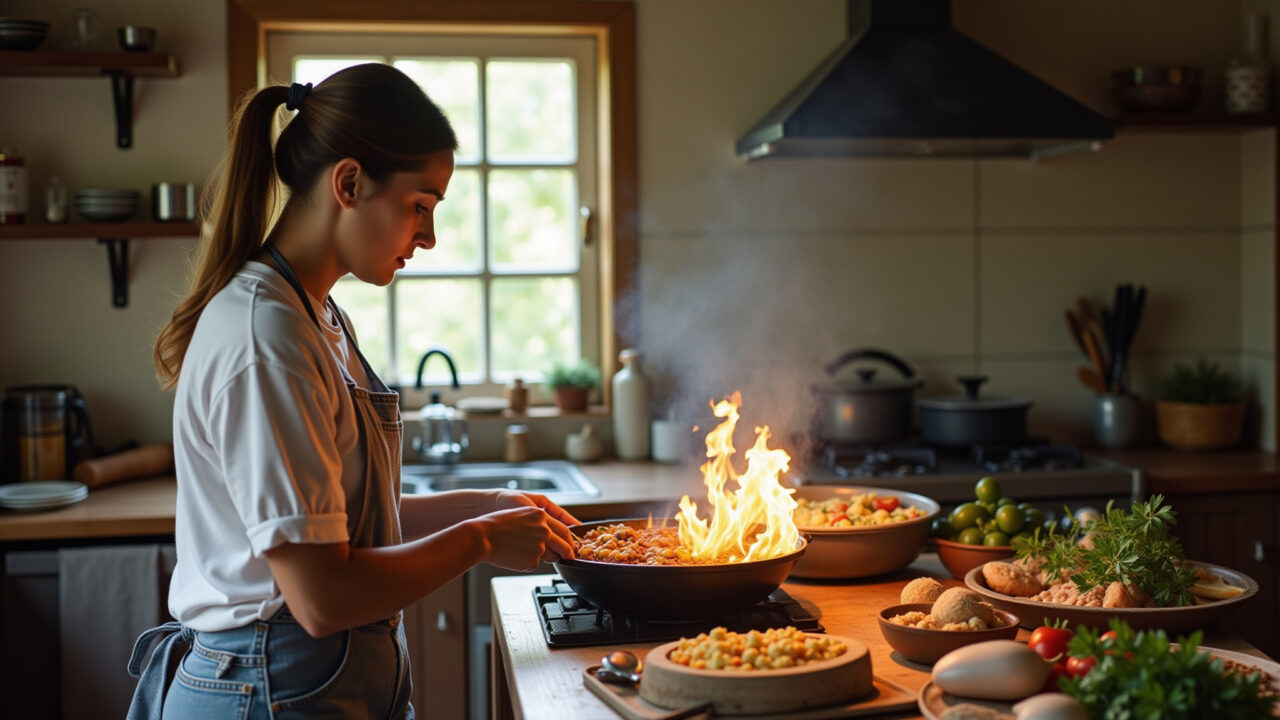 Brazilian woman cooking 'quiabo refogado com frango', cozy kitchen, Farm Rio style, natural Mulher brasileira cozinhando quiabo refogado com frango.