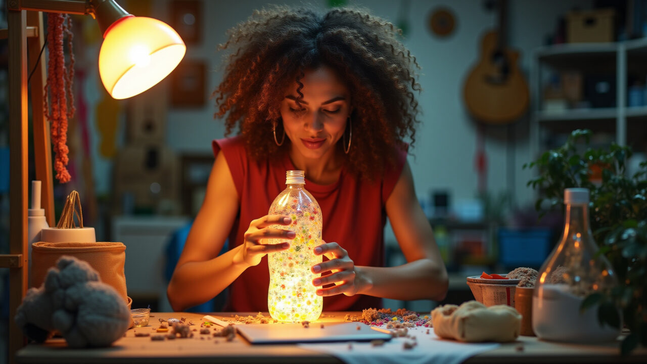 Brazilian woman crafting a PET bottle lamp, colorful materials, cozy home studio, natural light, Mulher criando luminária de garrafa PET em ateliê caseiro.