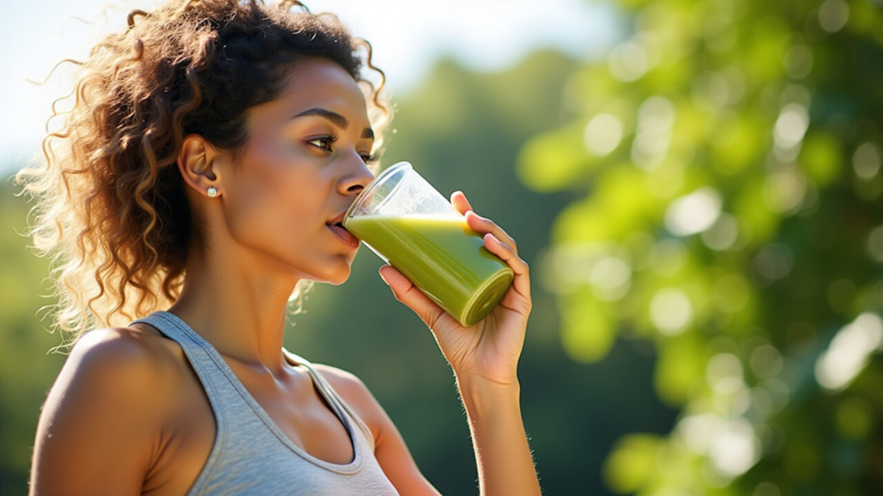 Brazilian woman drinking avocado leaf tea, exercising, healthy lifestyle, bright sunny day, natural Mulher bebendo chá de abacate durante o exercício.