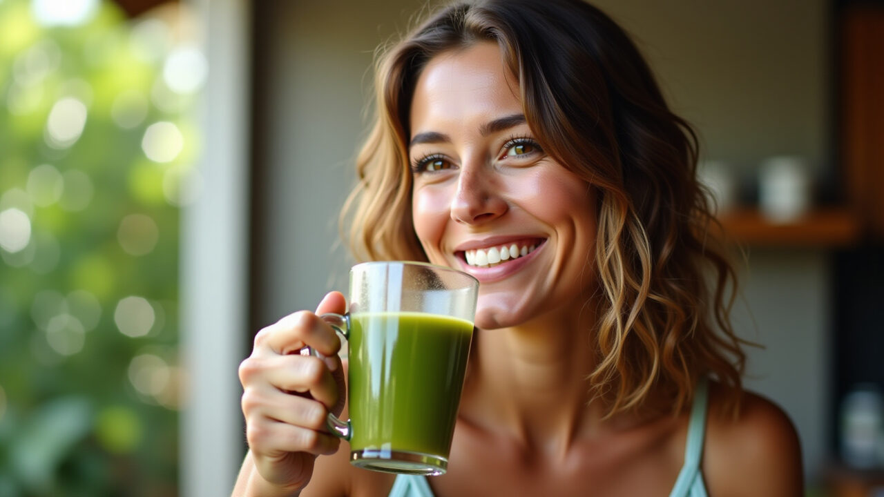 Brazilian woman drinking avocado leaf tea, smiling, healthy lifestyle, vibrant colors, natural Mulher sorrindo bebendo chá de folha de abacate.