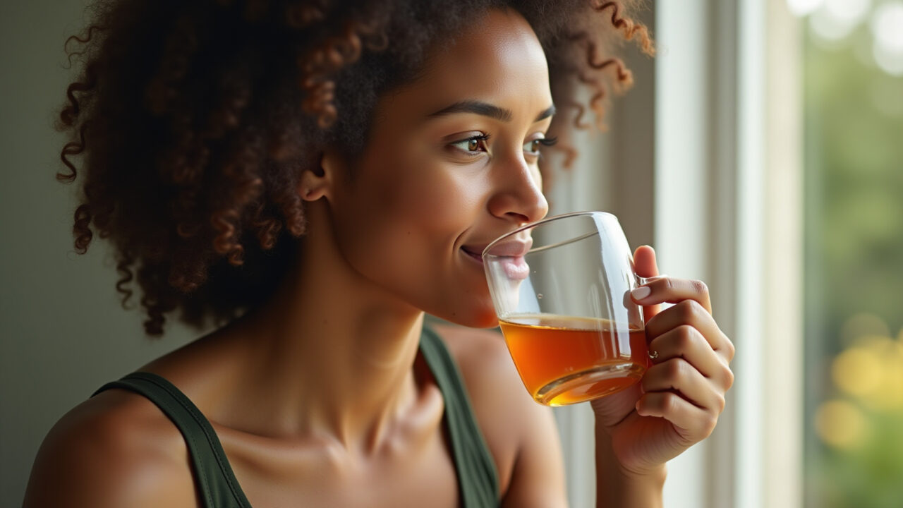 Brazilian woman enjoying ginger tea, boosting immunity, healthy lifestyle, natural light, 8k, Chá de gengibre para fortalecer a imunidade.