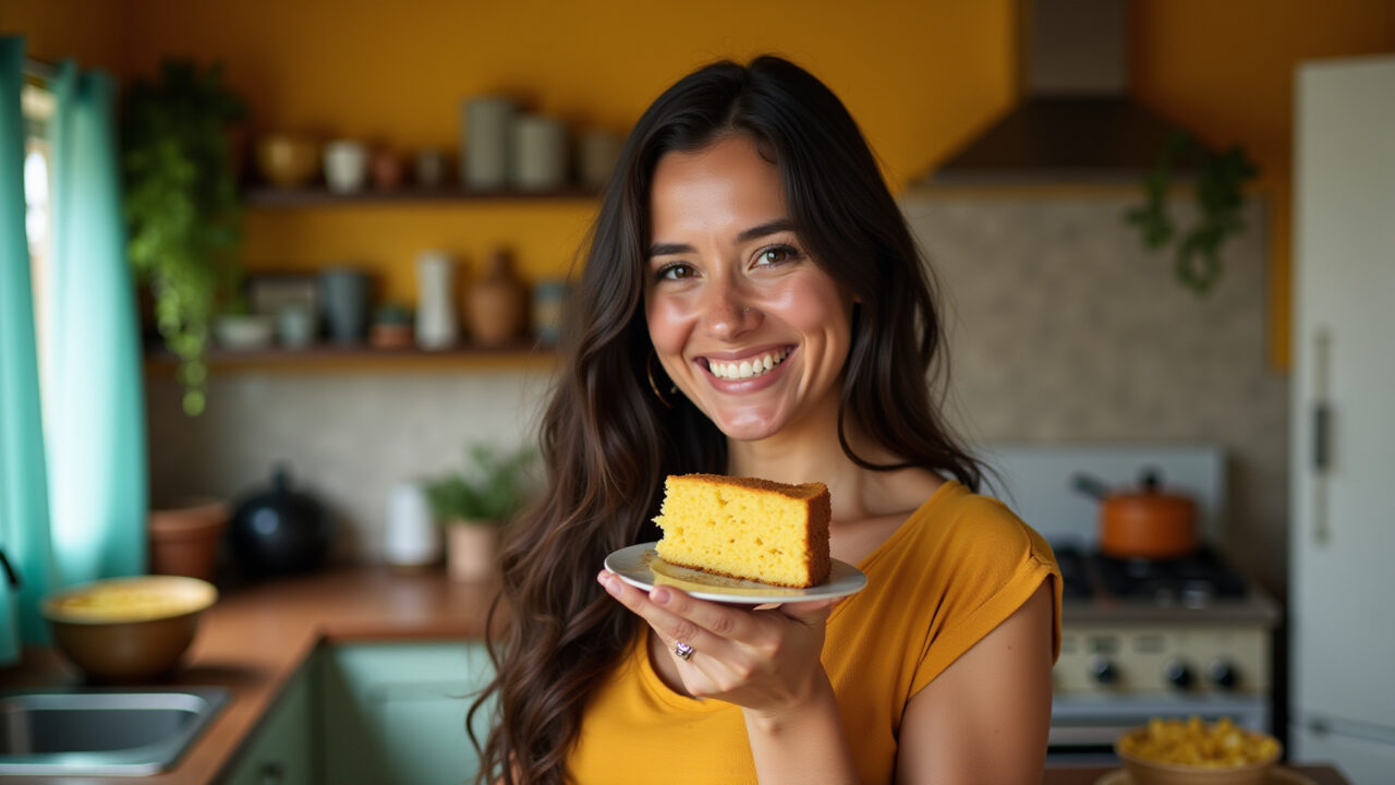 Brazilian woman in a vibrant kitchen, holding a slice of creamy corn cake. Farm Rio style decor, Bolo cremoso de milho caseiro, receita deliciosa.