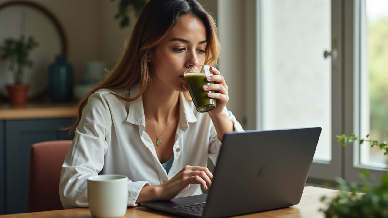 Brazilian woman in her 30s drinking mate tea, working from home, focused and energized, natural Mulher bebendo chá mate.