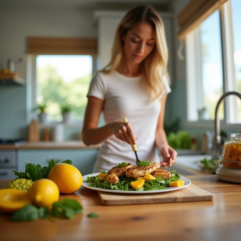 Brazilian woman preparing a refreshing grilled chicken salad with mango and mint in a bright, Salada de frango grelhado com manga e hortelã, receita leve para o verão.