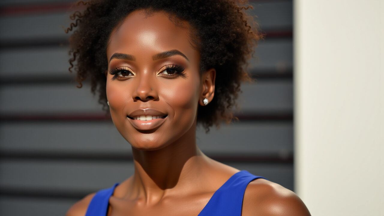 Tons terrosos para maquiagem de morenas com vestido azul.