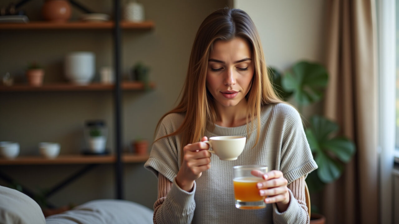 Brazilian woman with circulation problems drinking ginger tea, cozy setting, natural light, 8k, Chá de gengibre para melhorar a circulação.