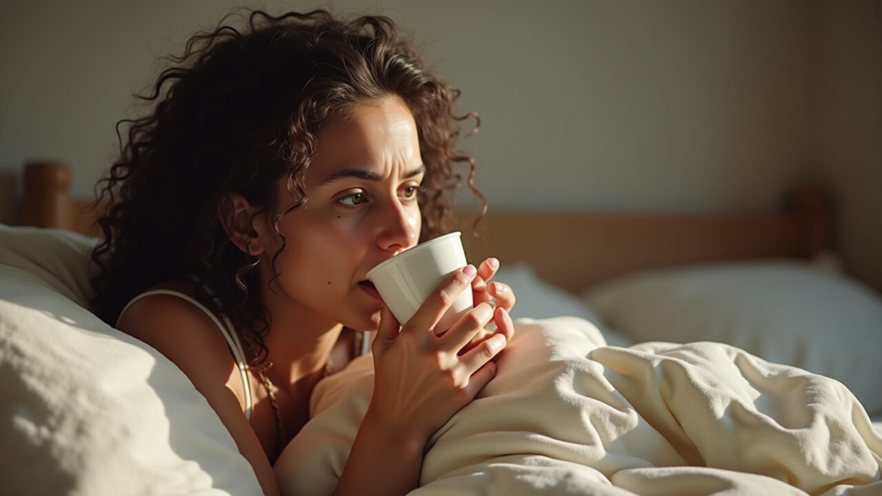 Brazilian woman with flu symptoms drinking ginger tea in bed, natural light, cozy scene, 8k, Chá de gengibre para aliviar os sintomas da gripe.