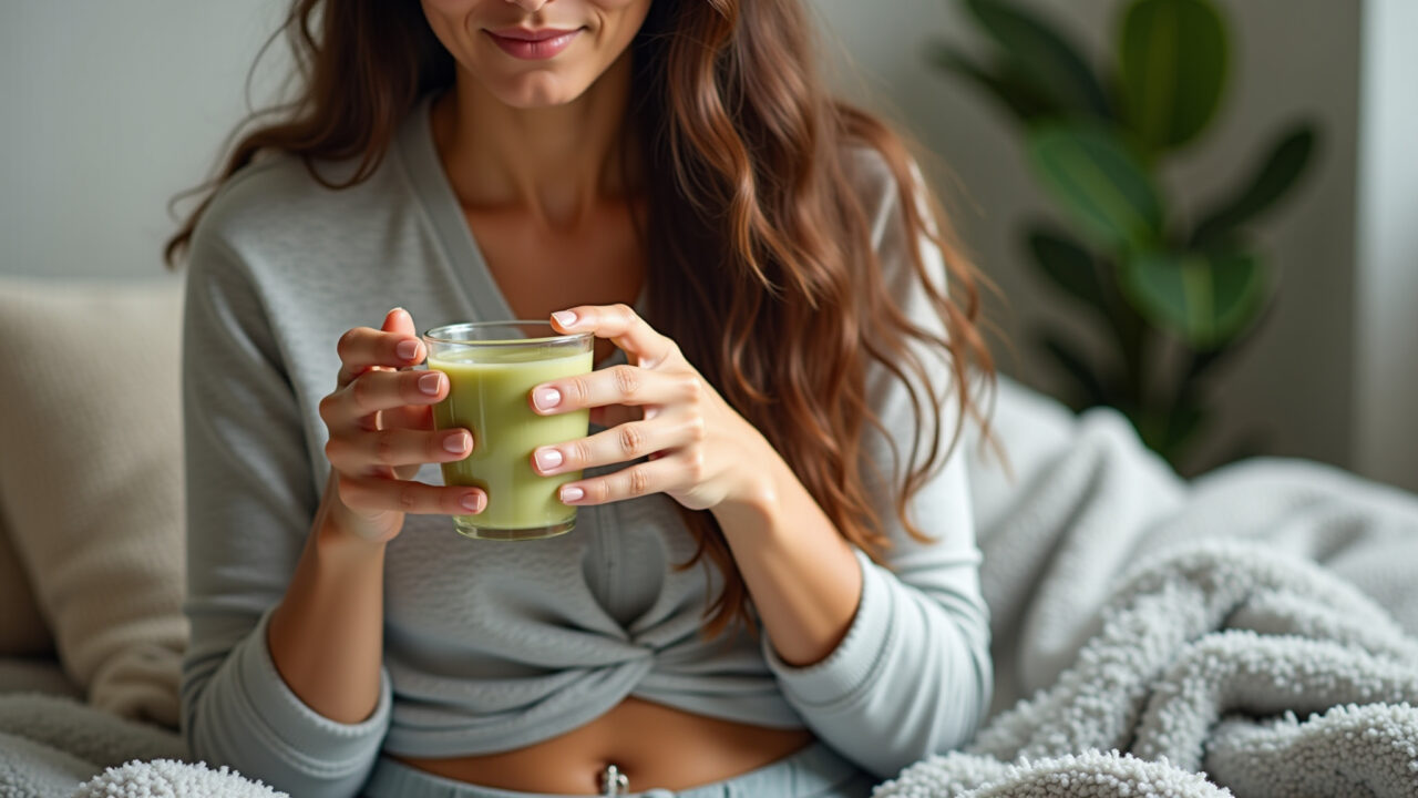 Brazilian woman with menstrual cramps, drinking avocado leaf tea, pain relief, cozy blanket, Mulher aliviando cólicas menstruais com chá de abacate.
