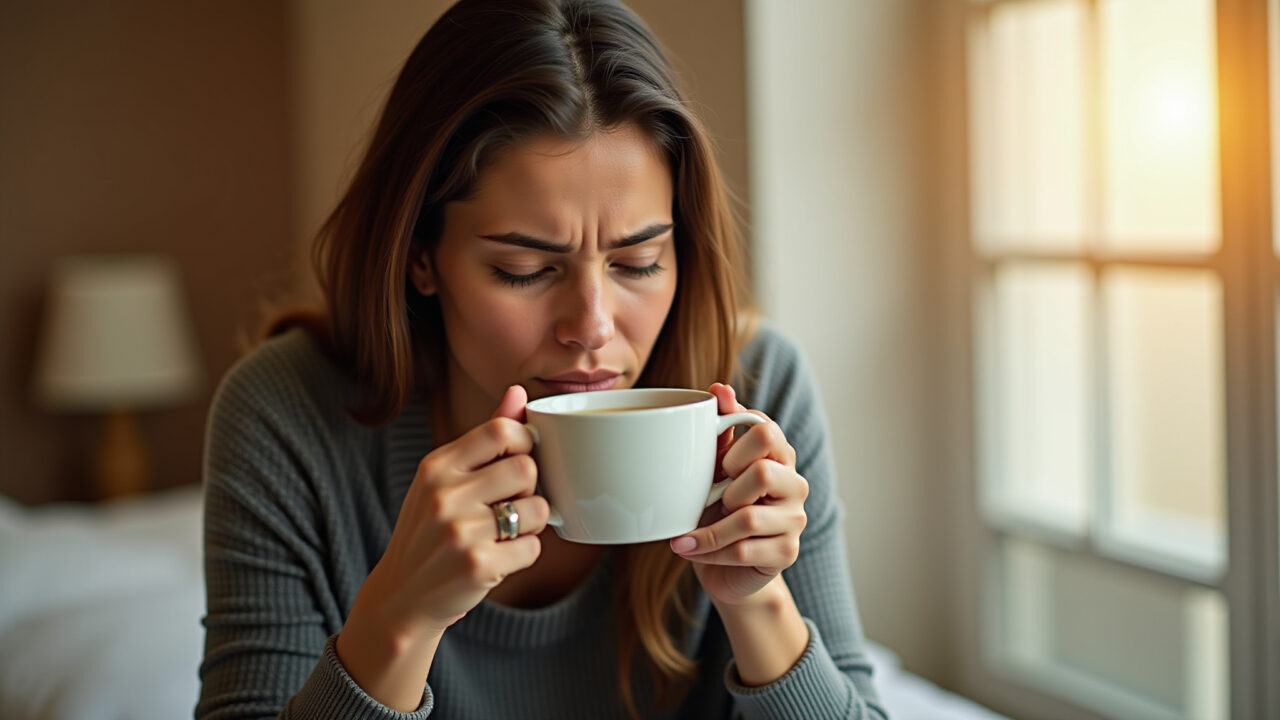 Brazilian woman with menstrual cramps drinking ginger tea, comforting scene, warm colors, 8k, Chá de gengibre para aliviar cólicas menstruais.