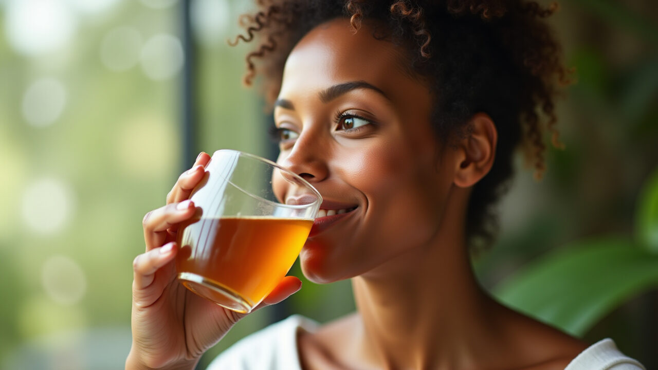 Brazilian woman with radiant skin, drinking avocado leaf tea, skincare routine, natural beauty, Mulher com pele radiante bebendo chá de abacate.