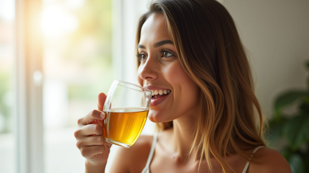 Brazilian woman with shiny hair, drinking avocado leaf tea, hair care, natural beauty, bright Mulher com cabelo brilhante bebendo chá de abacate.