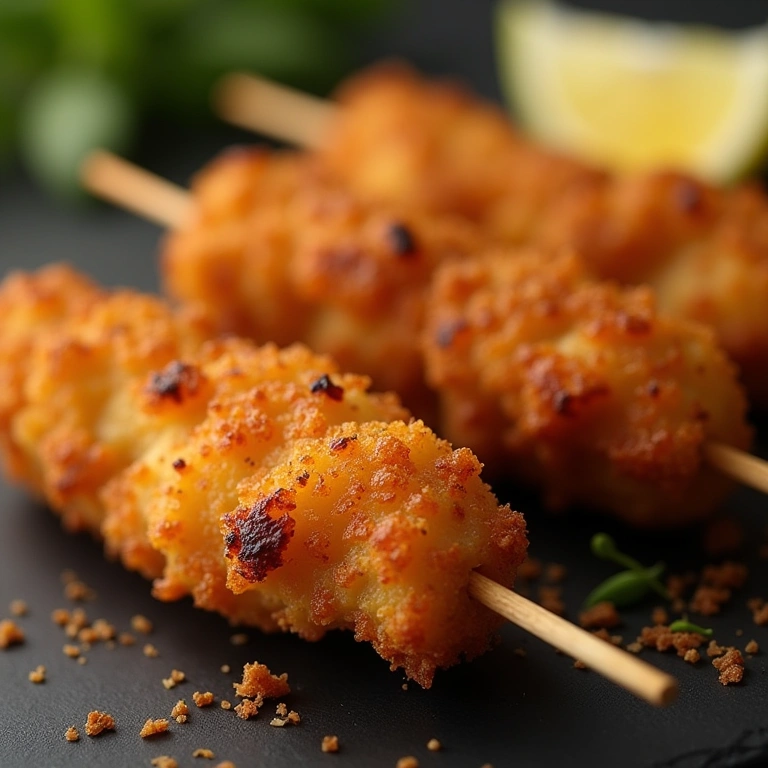 Breaded chicken skewers, crispy and golden. Professional photography, 8K quality, sharp focus, Espetinho de frango empanado crocante, macio por dentro.