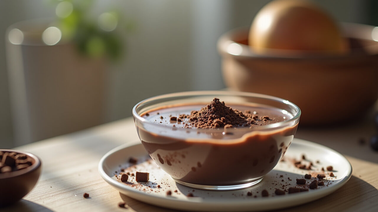 Brigadeiro de colher in a glass bowl, chocolate sprinkles, soft light, cozy atmosphere, lifestyle Brigadeiro de colher com farinha de trigo.