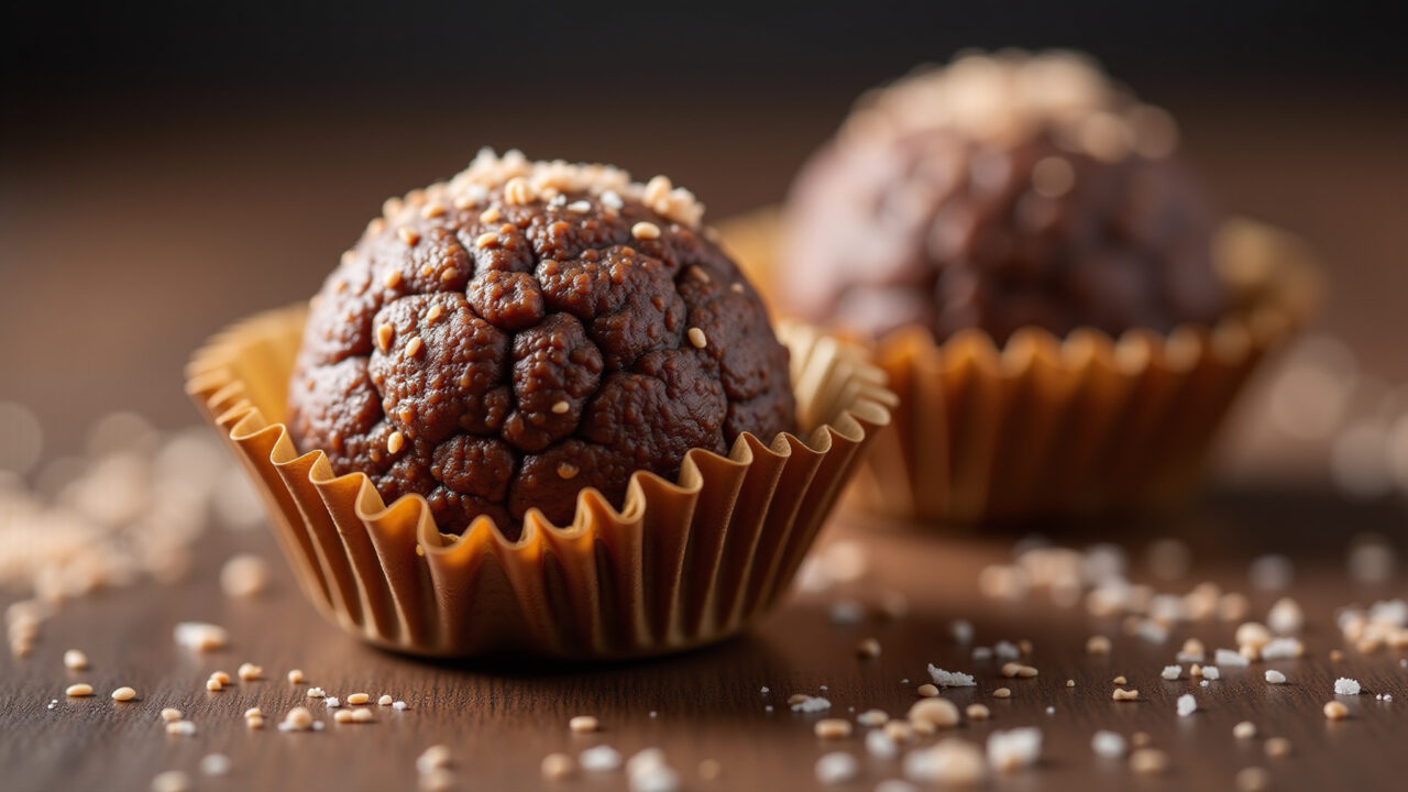 Brigadeiro with gelatin, firm texture, shiny, Brazilian party setting, 8K, sharp focus, Brigadeiro de gelatina, firme e brilhante.