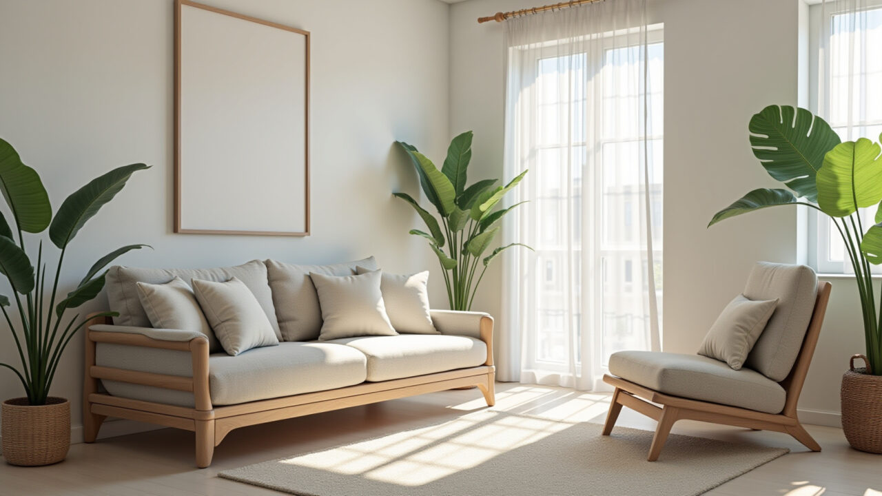 Bright, airy living room, minimalist design, neutral colors, natural light, Brazilian decor Sala de estar clean e minimalista com toques brasileiros.