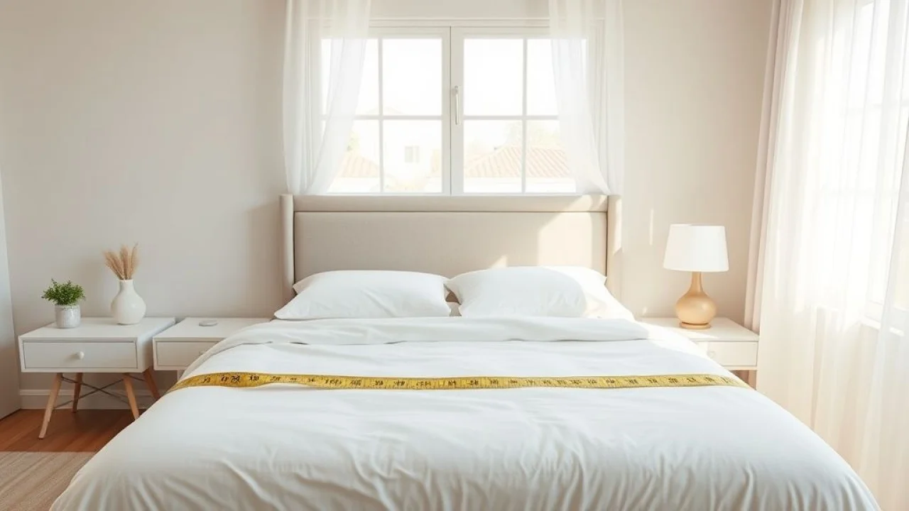 Bright and airy bedroom scene, natural light streaming through the window, measuring tape stretched Medindo uma cama queen size em um quarto iluminado. Cama, medidas, quarto, Brasil.