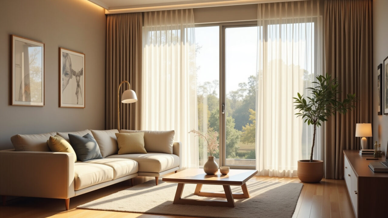 Bright living room, large window, sheer curtains, natural light, soft lighting, minimalist lamps, Sala iluminada com luz natural e cortinas leves.