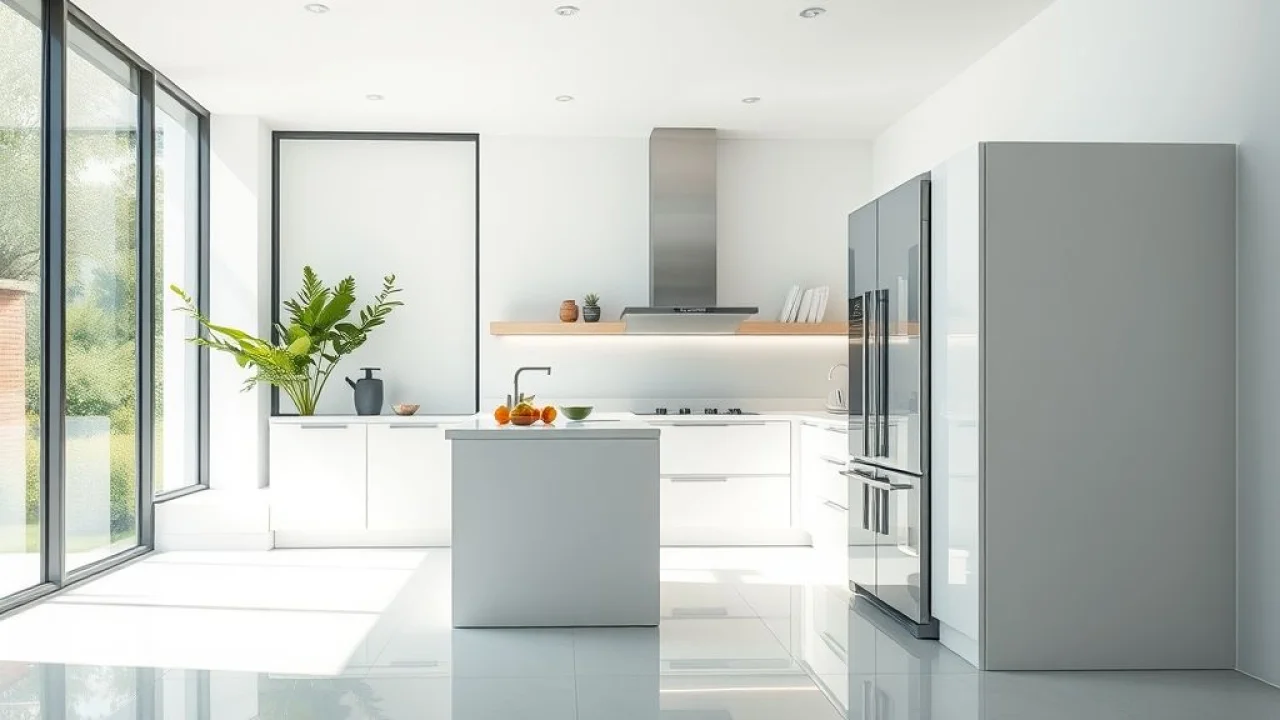 Bright, modern Brazilian kitchen with integrated refrigerator seamlessly blended into sleek, Cozinha moderna brasileira com geladeira embutida em armários planejados. Design minimalista e elegante.