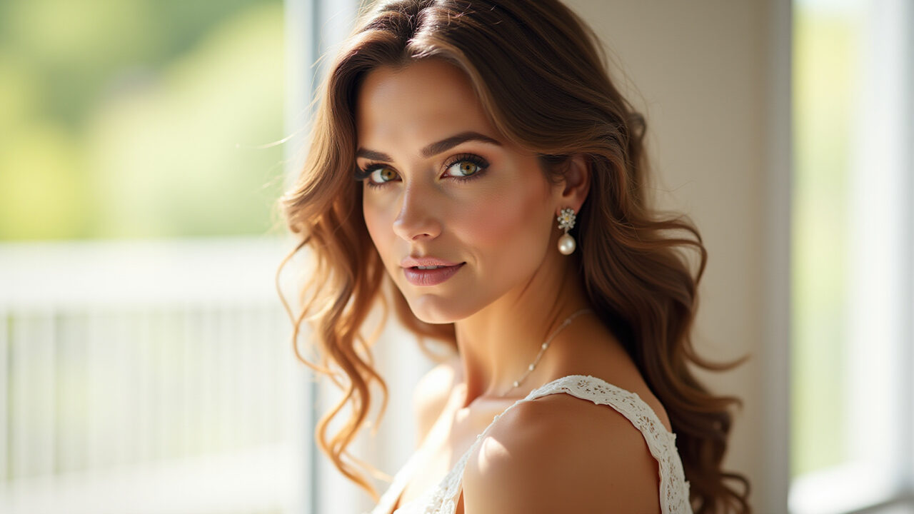 Maquiagem vibrante para pele morena com vestido branco.