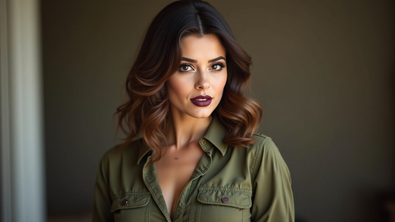 Maquiagem com atitude para vestido verde militar: esfumado preto e batom vinho.