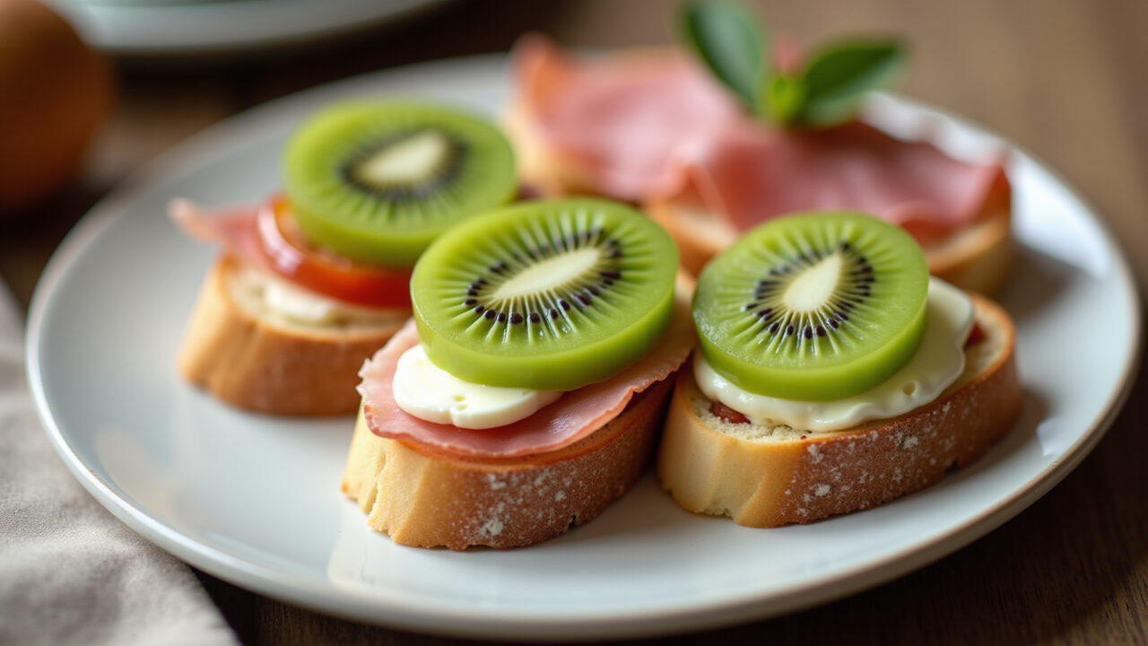 Bruschetta with kiwi, brie cheese, parma ham, italian bread, plate, vibrant, professional Bruschetta de kiwi com queijo brie e presunto parma.