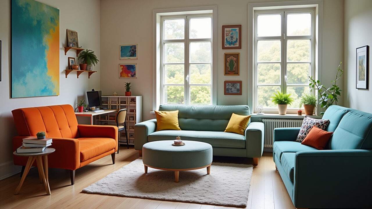 Budget-friendly modern office, repurposed furniture, DIY decor, creative workspace, vibrant colors, Escritório moderno e barato com móveis reaproveitados e decoração criativa.