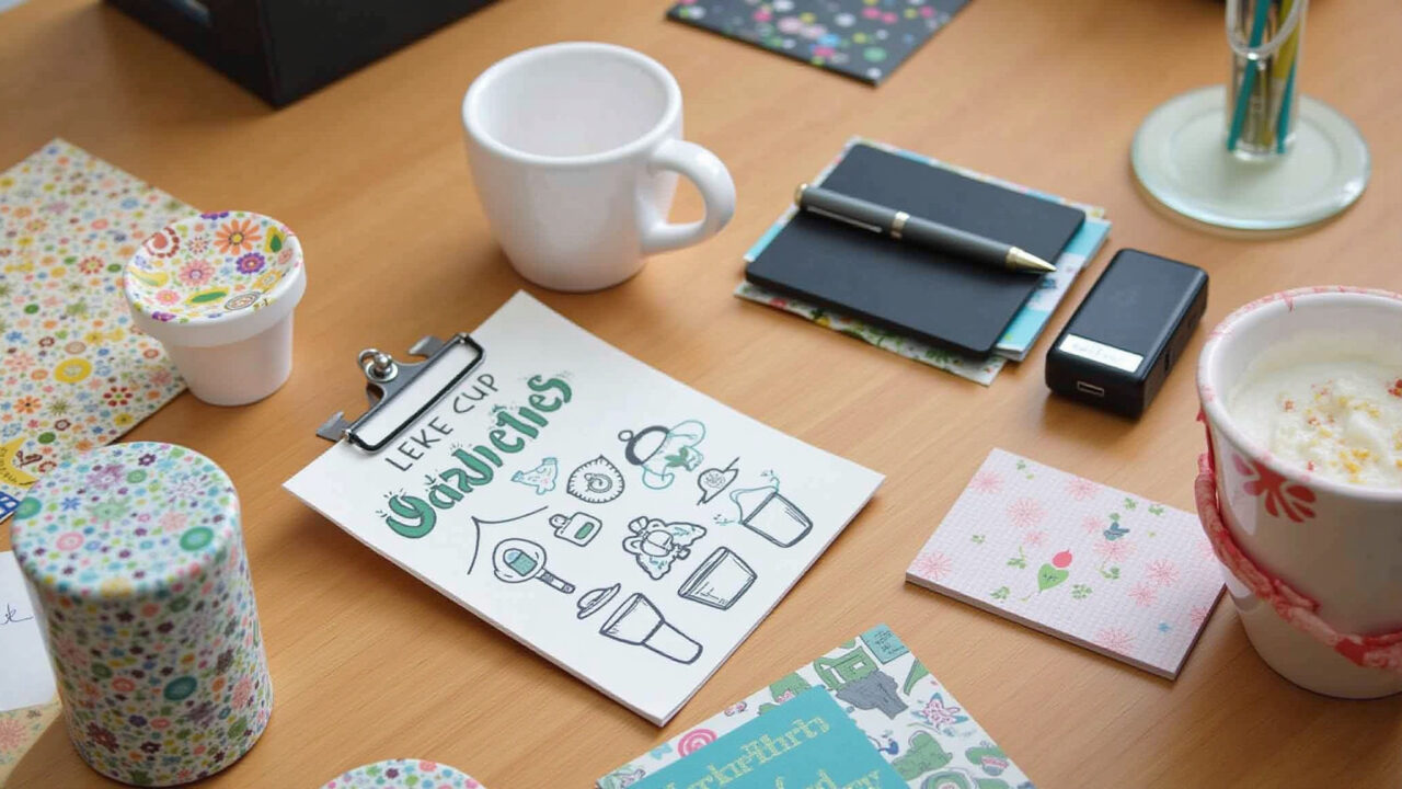 Budget-friendly teacher's day gifts creatively arranged on a desk, featuring recycled materials, 8K Lembrancinhas baratas e criativas para o Dia do Professor.