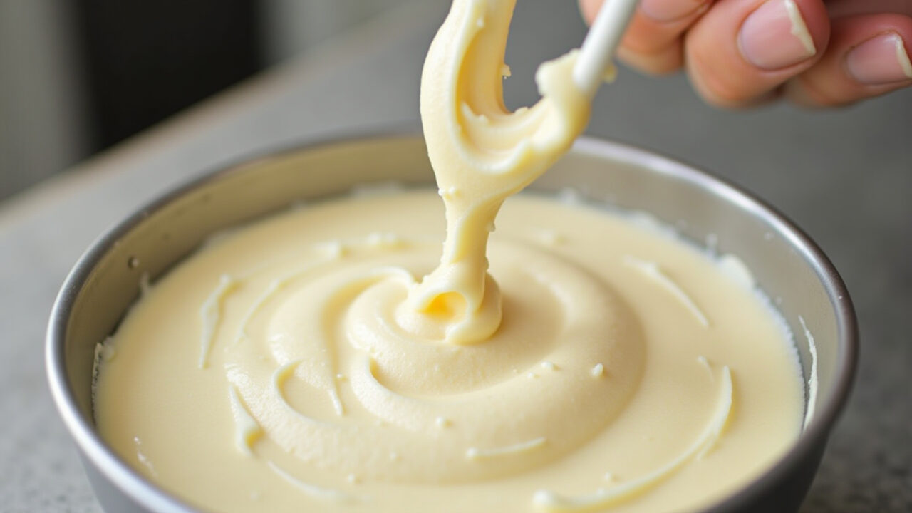 Buttercream being over-mixed, professional photography, 8K, sharp focus, airy texture, bubbles, Buttercream batido demais, textura porosa.