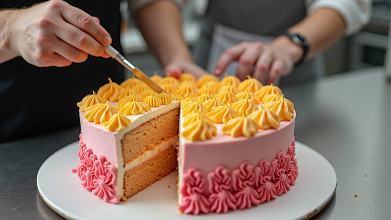 Buttercream cake decorating close-up, professional photography, 8K, sharp focus, vibrant colors, Bolo sendo decorado com buttercream, foco no acabamento liso.