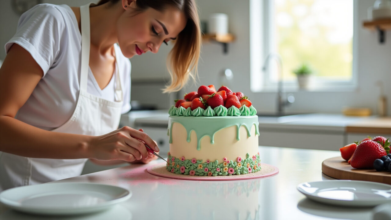 Buttercream cake decorating practice, professional photography, 8K, sharp focus, natural lighting, Mulher praticando decoração de bolo com buttercream.
