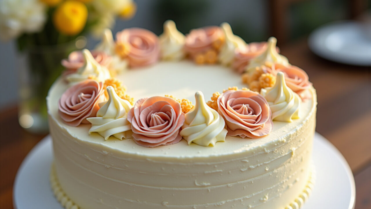 Buttercream frosted cake with delicate floral decorations, professional photography, 8K quality, Bolo decorado com buttercream e flores.