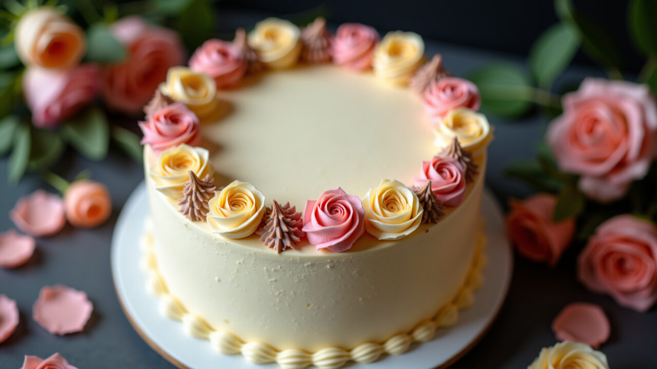 Buttery cake with fondant decoration, intricate floral design, professional photography, 8k Bolo amanteigado decorado com pasta americana e flores.