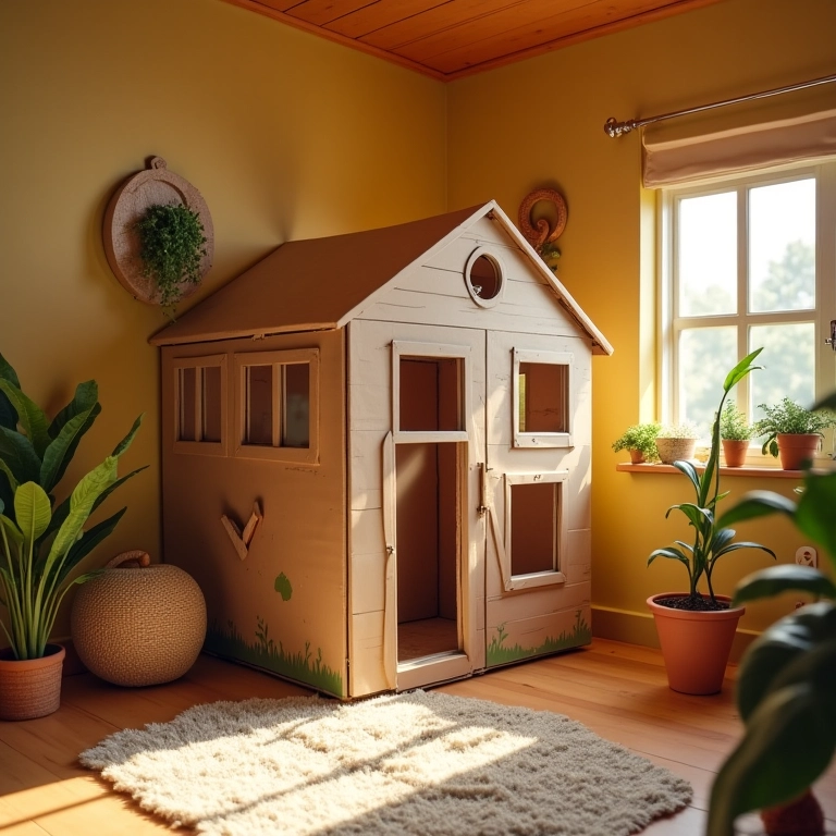 Cabana aconchegante feita com papelão para brincar em casa.