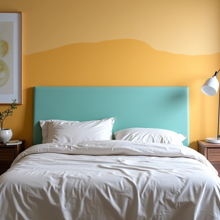 Cabeceira de cama renovada com MDF reciclado e pintada em cores vibrantes.
