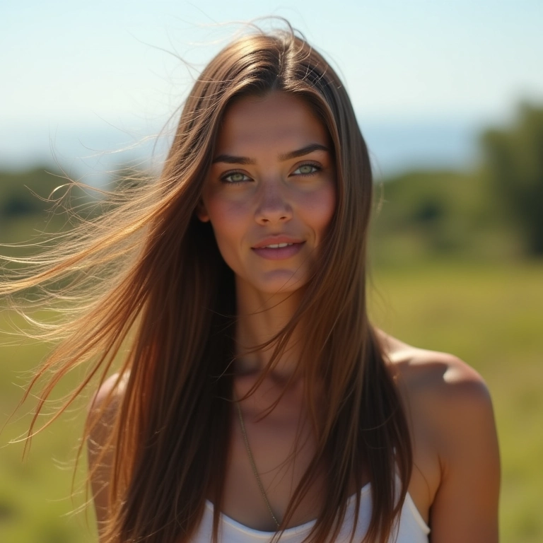 Cabelo liso sem frizz ao ar livre, com movimento natural.