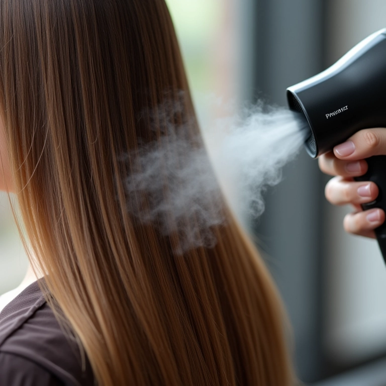 Cabelo liso sendo protegido do calor do secador com spray finalizador.