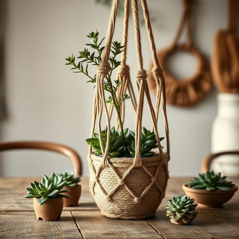 Cachepot de macramê feito com fio de juta em mesa rústica.