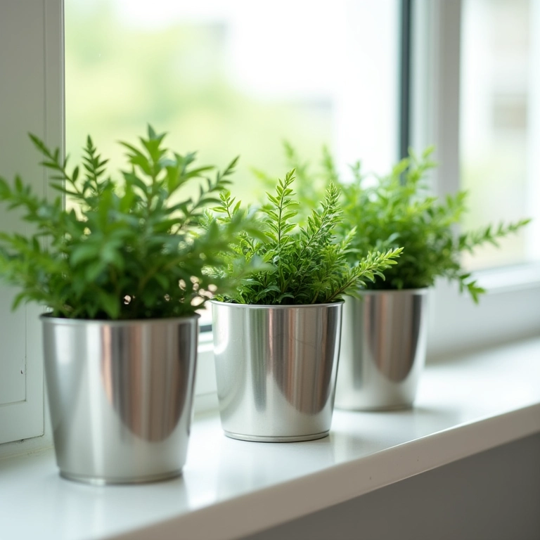 Cachepots elegantes de lata de alumínio decorando uma janela.