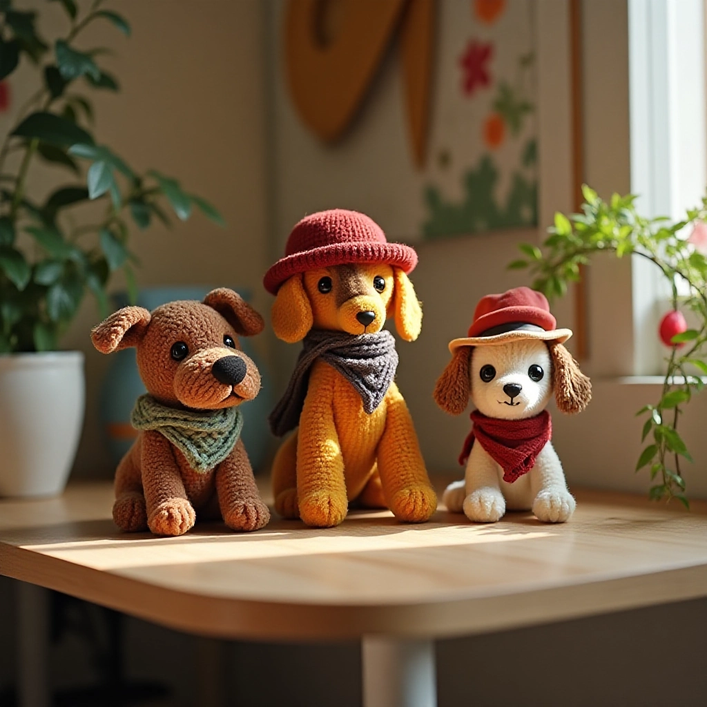 Cachorro de amigurumi com acessórios (chapéu, cachecol, óculos).