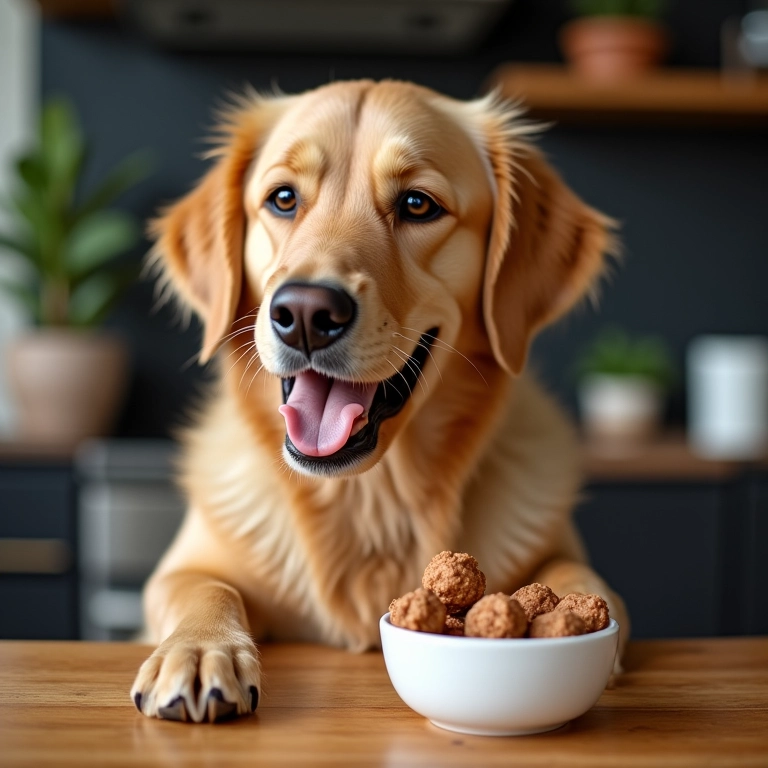 3 Receitas de Petiscos Caseiros e Seguros Para Cães Cachorro golden retriever feliz saboreando petiscos caseiros.
