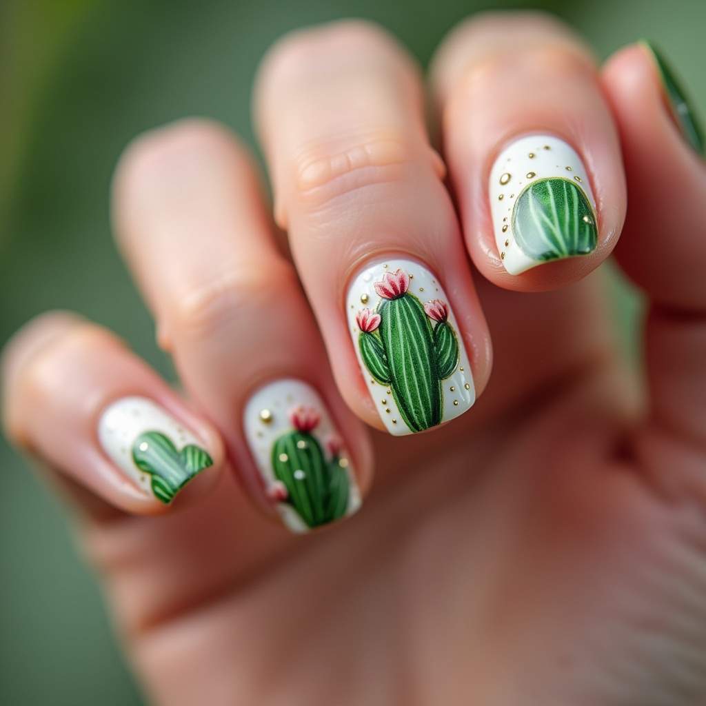 Cactus nail art with flowers, delicate, close-up, feminine, professional photography, 8K quality, Unha decorada cactos com flores.